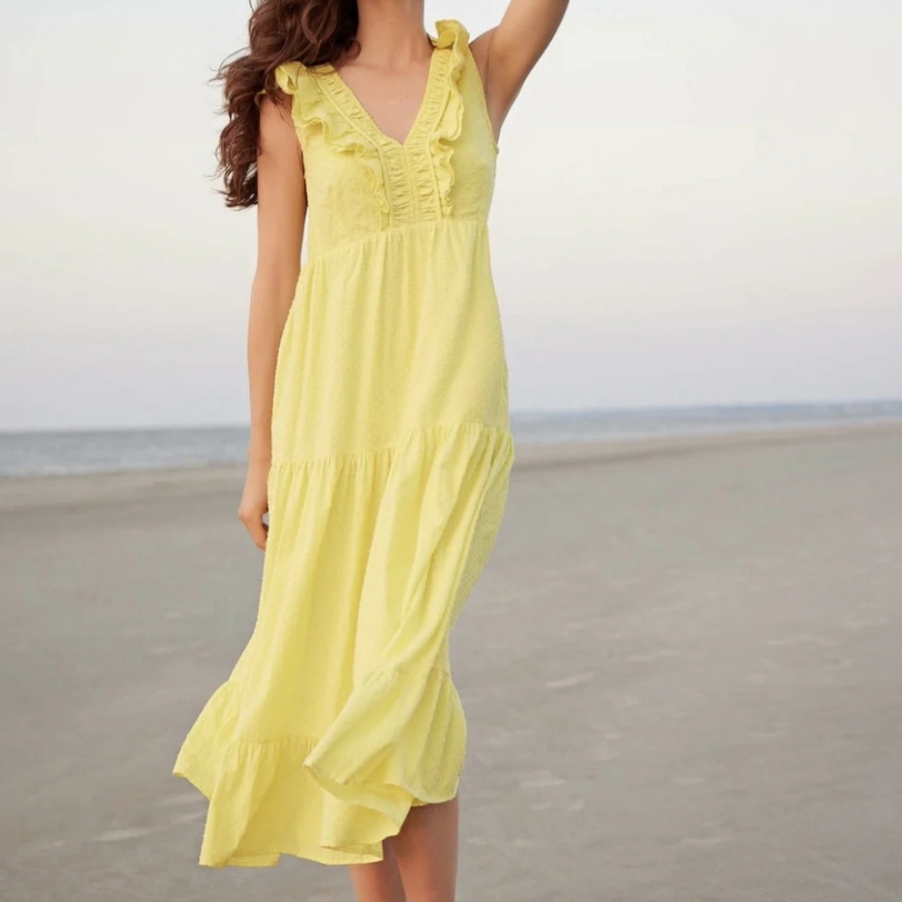 Hatley Ruffled Tiered Swiss Dot Yellow Cotton Maxi Dress Size XS
